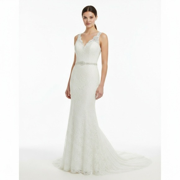 Elegant Lace Wedding Dress V Neck Beaded Sash Trumpet Silhouette sz 4-6